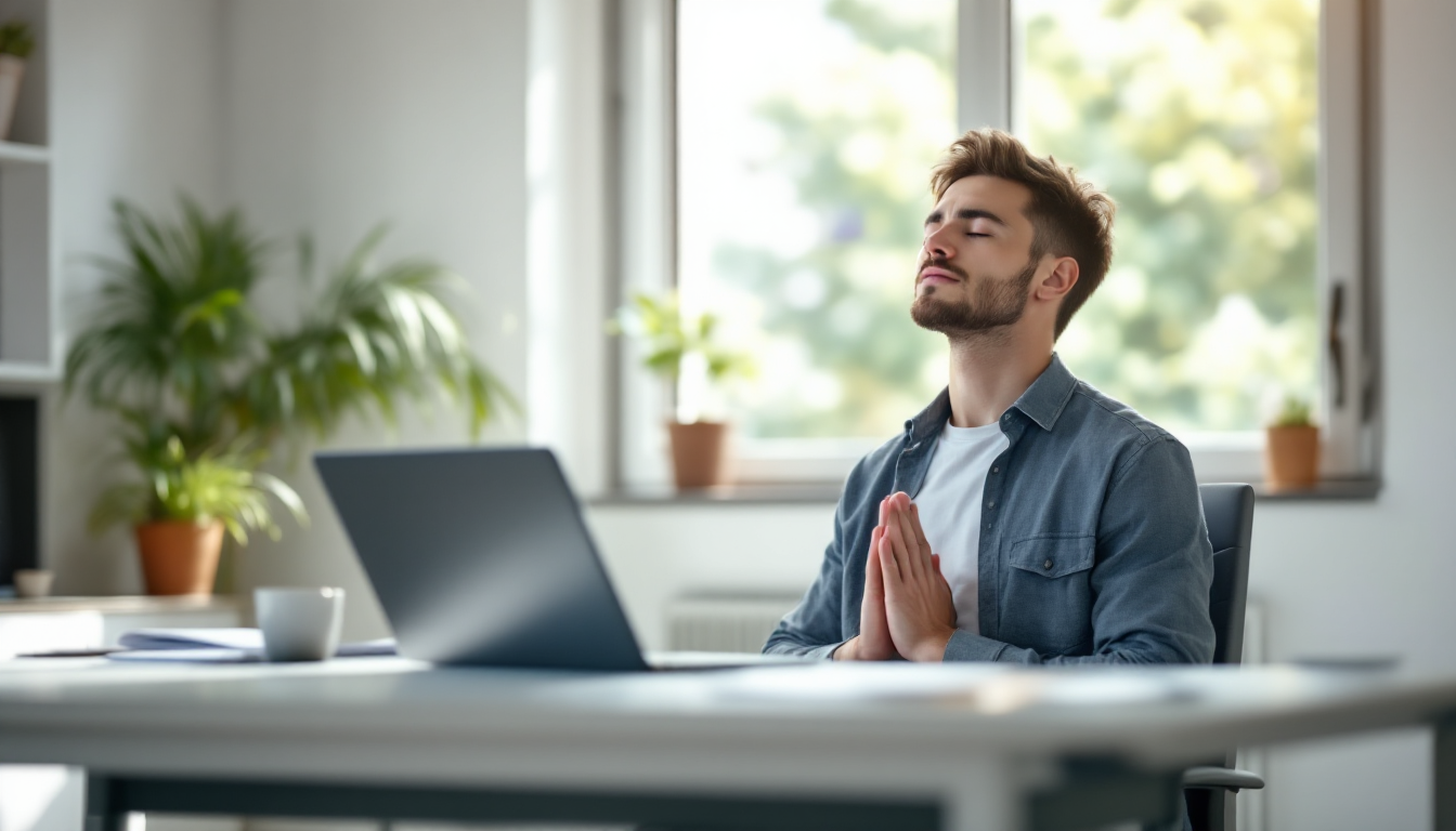 사무실 책상에서 심호흡 운동을 하며 평온을 찾는 젊은 직장인