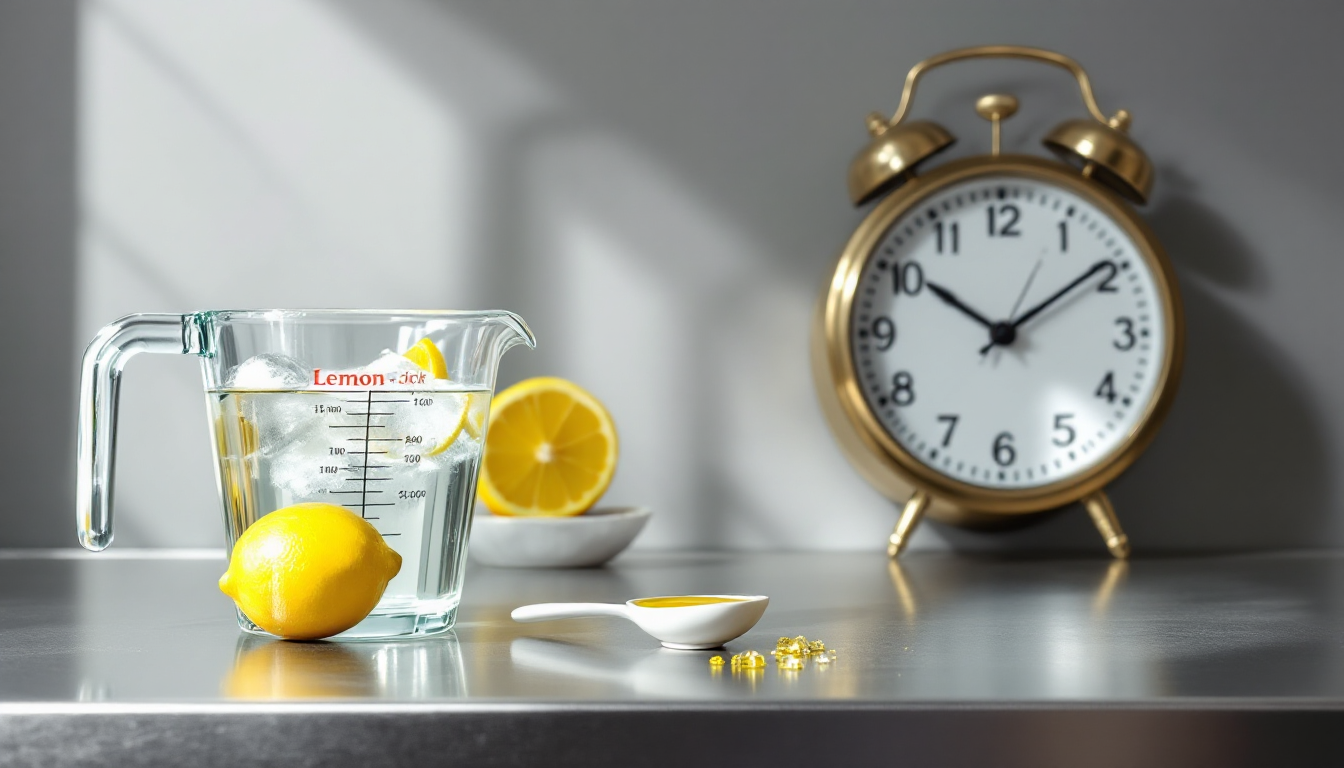 아침 공복에 엑스트라 버진 올리브오일과 레몬 물이 놓인 깨끗하고 밝은 주방 풍경