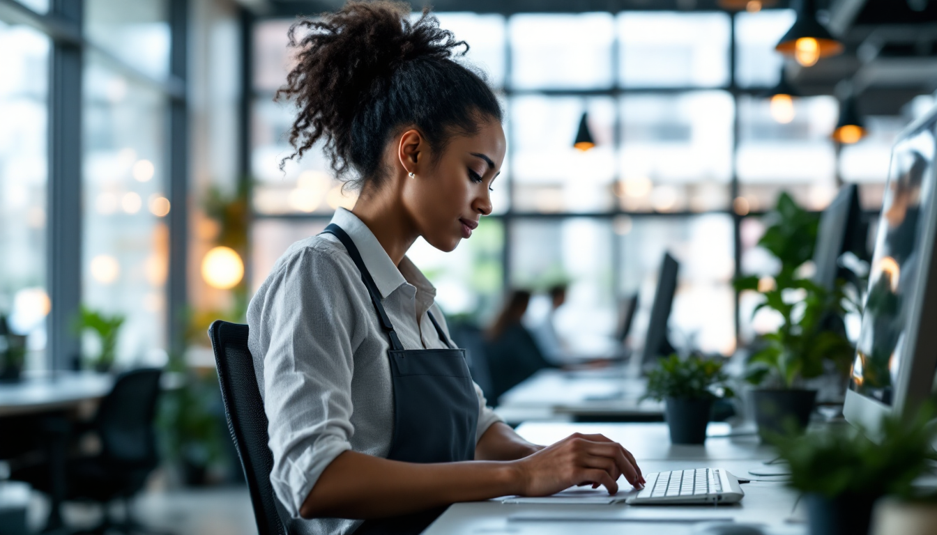 5분 동안 목과 어깨 스트레칭을 하며 상쾌해진 표정을 짓는 직장인