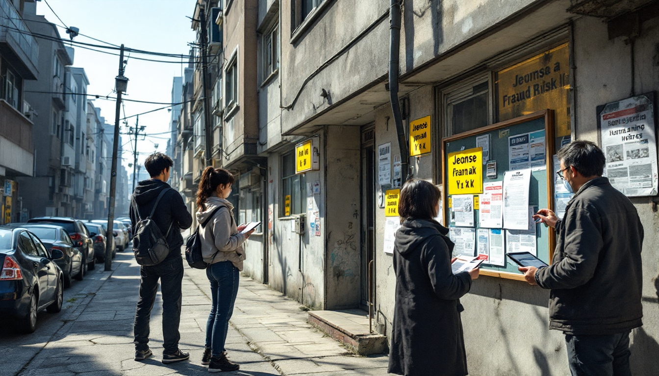 전세 사기 위험이 있는 아파트 단지와 주의하는 사람들 장면