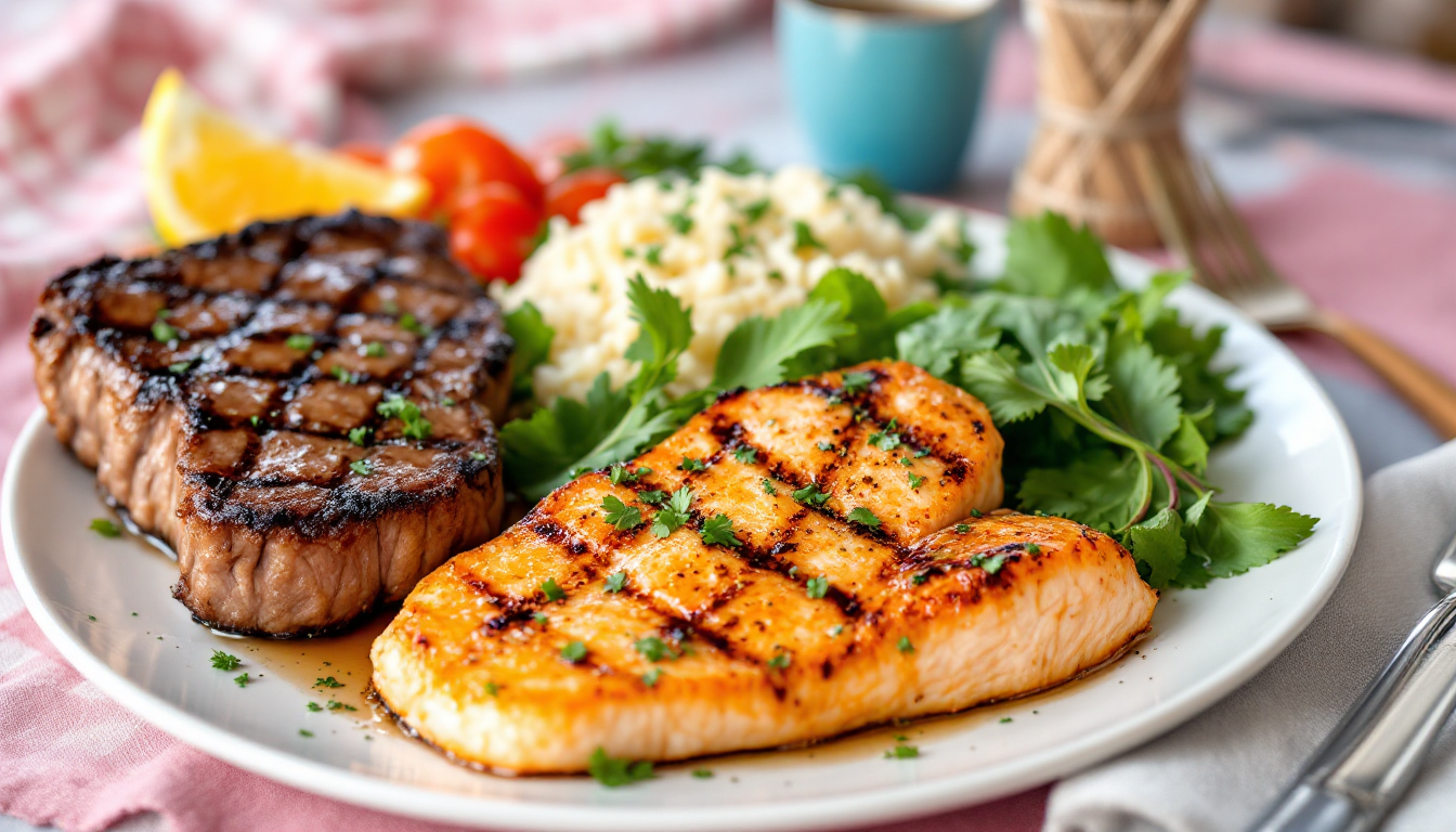 철분이 풍부한 동물성 식품과 식물성 식품들이 조화롭게 담긴 접시 모습