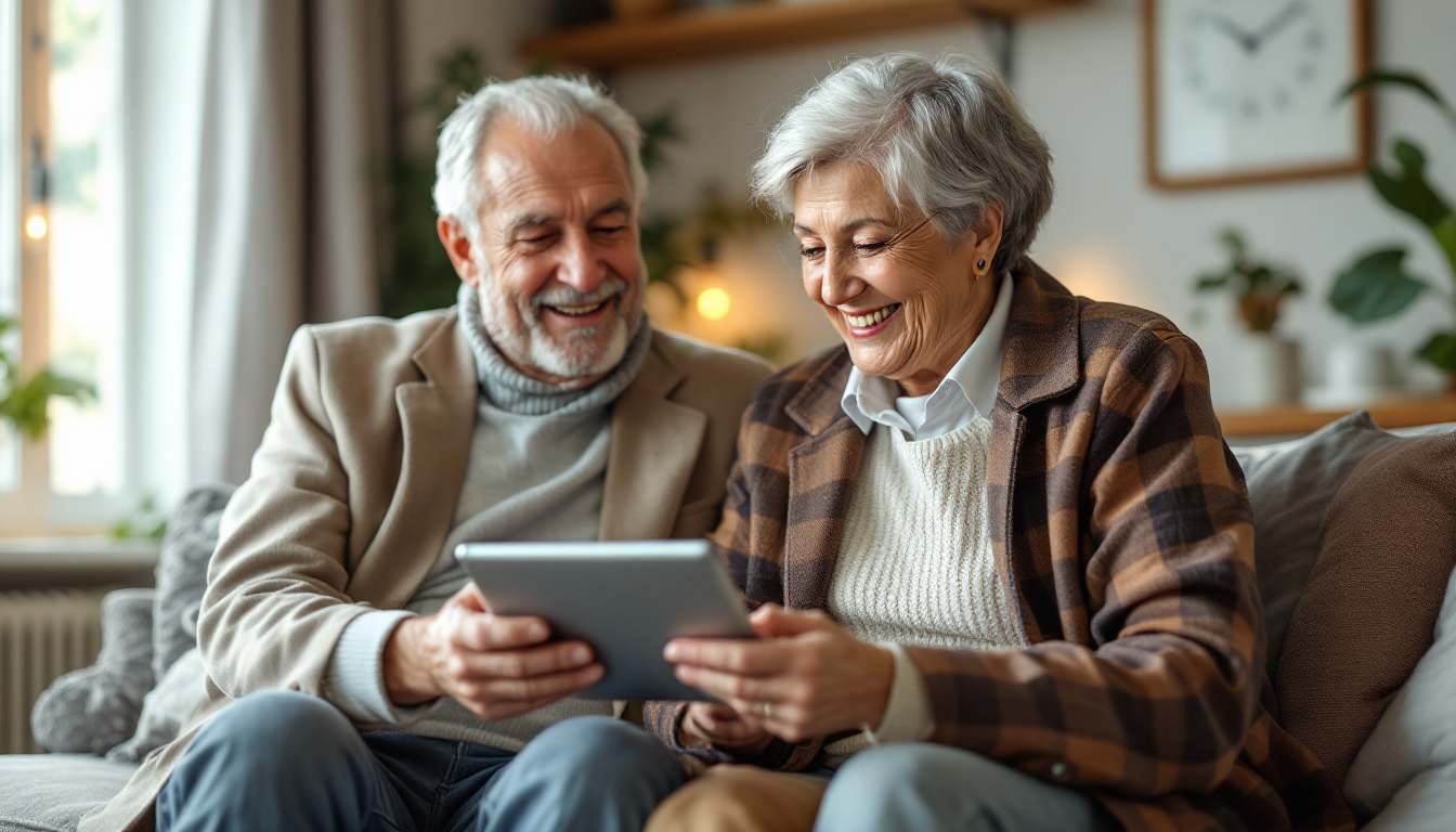 은퇴한 부부가 집에서 월별 예산을 확인하며 행복해 하는 모습