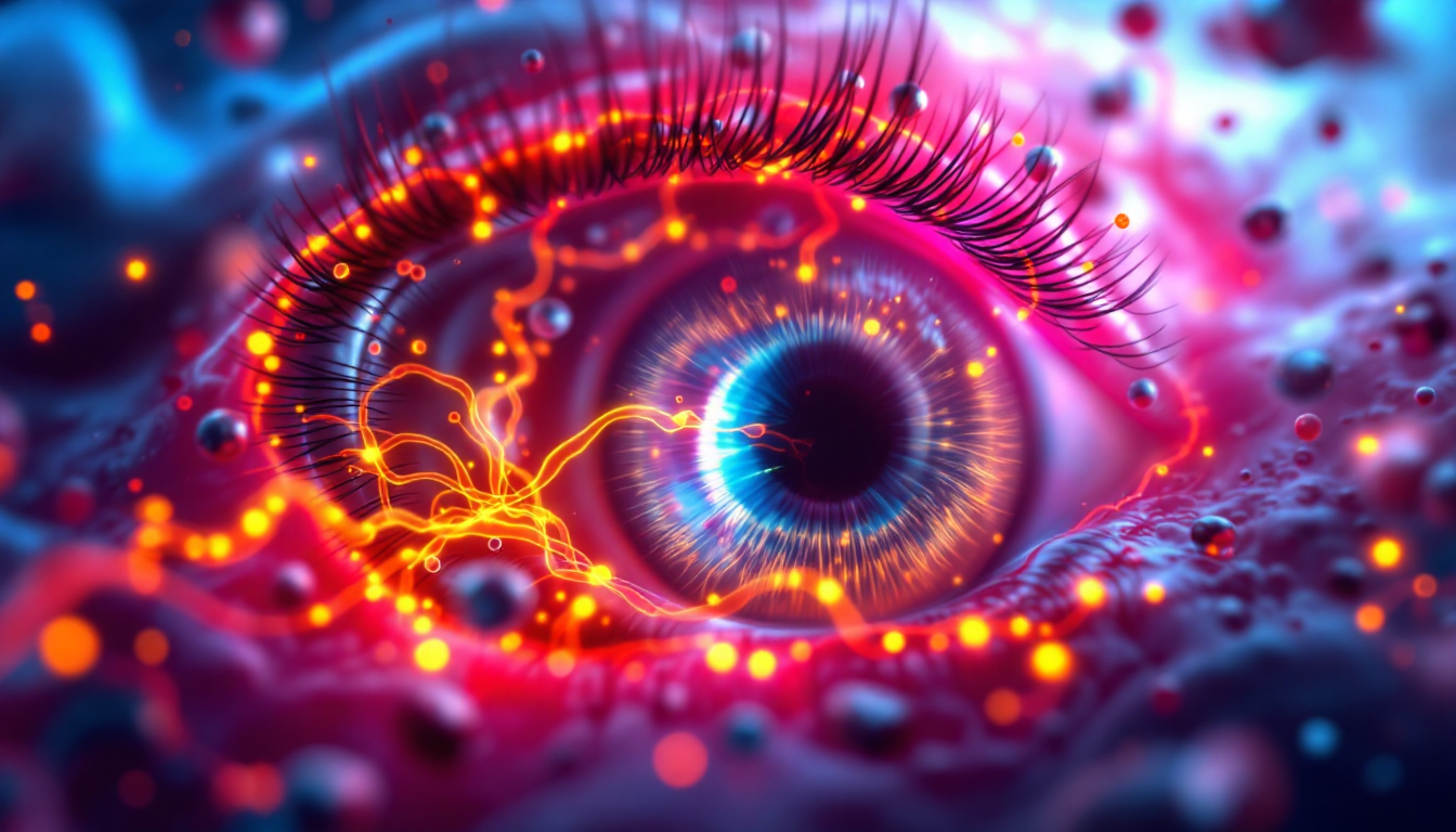 빌베리 안토시아닌이 눈의 미세혈관을 튼튼하게 하고 혈액순환을 원활하게 하는 모습을 나타낸 이미지