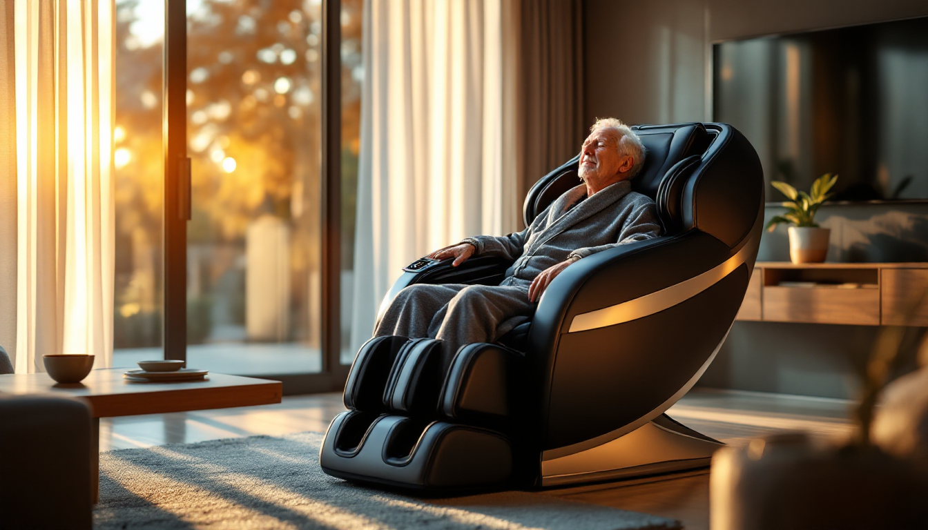 프리미엄 안마의자에서 휴식을 취하는 부모님의 모습