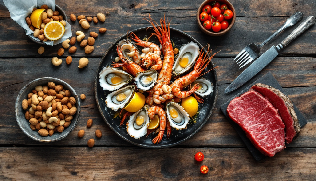 익혀서 준비된 굴과 새우, 게 등 해산물과 견과류, 붉은 육류가 나무 테이블 위에 놓여있는 모습