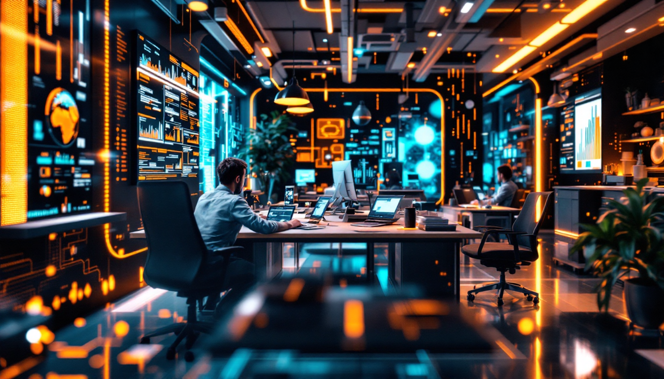 미래 성장 가능성을 주목하는 성장주 투자 전략 섹션의 첨단 기술기업 사무실과 상승 그래프