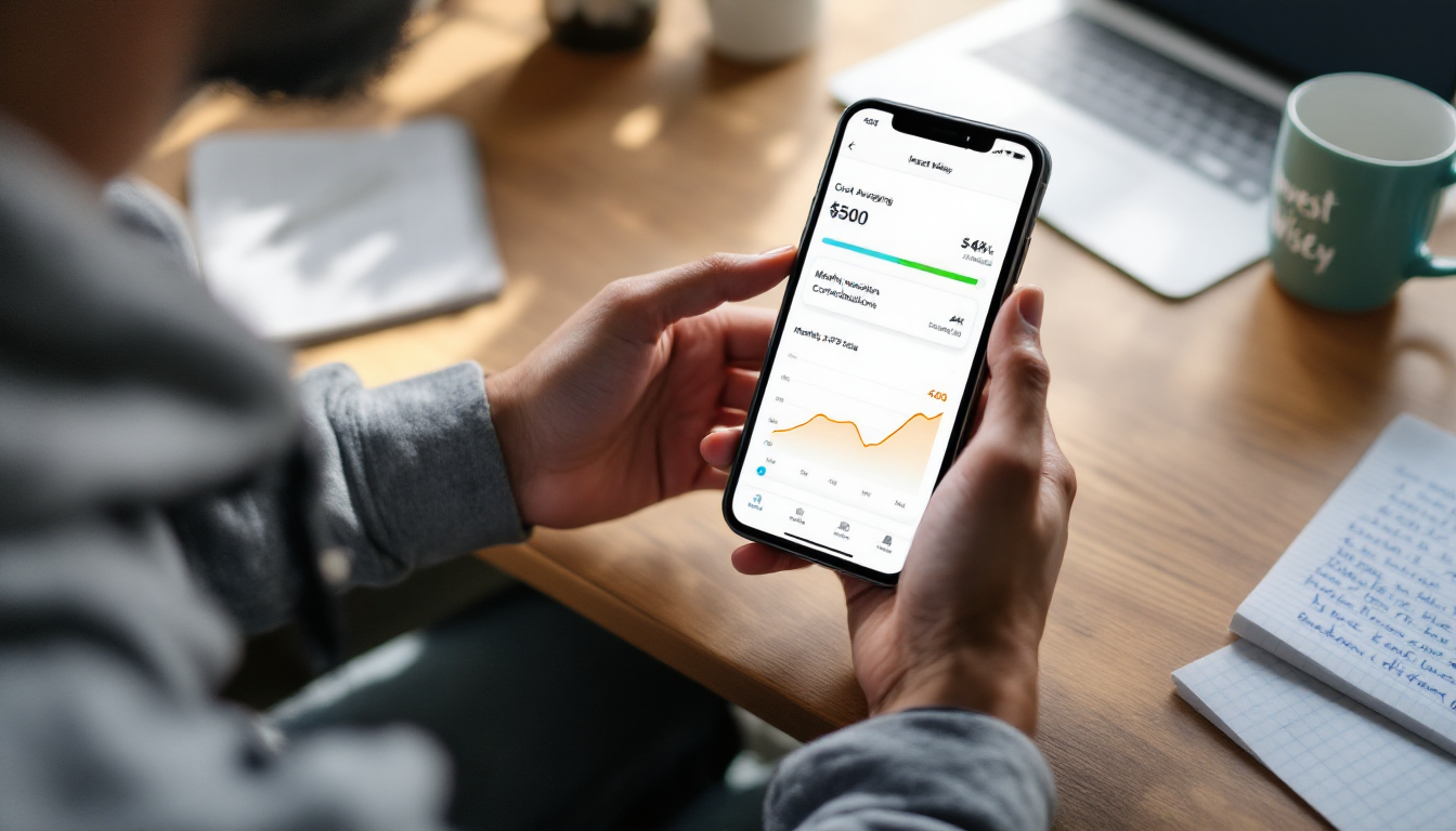 모바일 앱에서 자동 ETF 적립식을 설정하는 개인 투자자의 모습