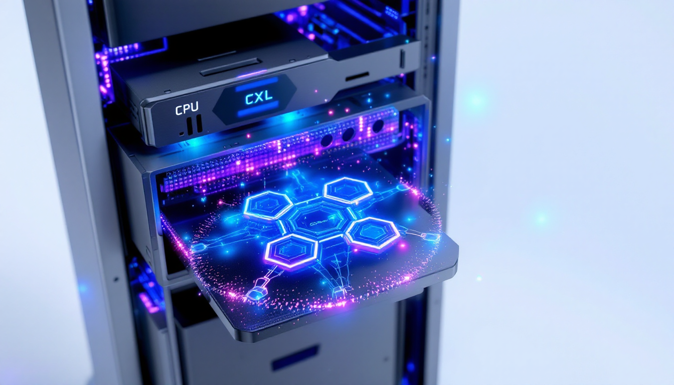 CPU, GPU, 메모리 모듈을 고속 연결하는 CXL 기술의 디지털 데이터 스트림 시각화