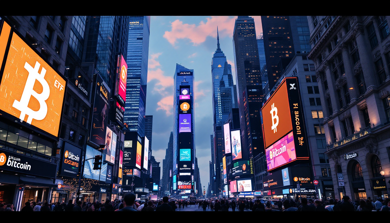 비트코인 제도권 편입 현황과 전망을 상징하는 월스트리트 금융지구와 ETF 승인 뉴스 디지털 화면