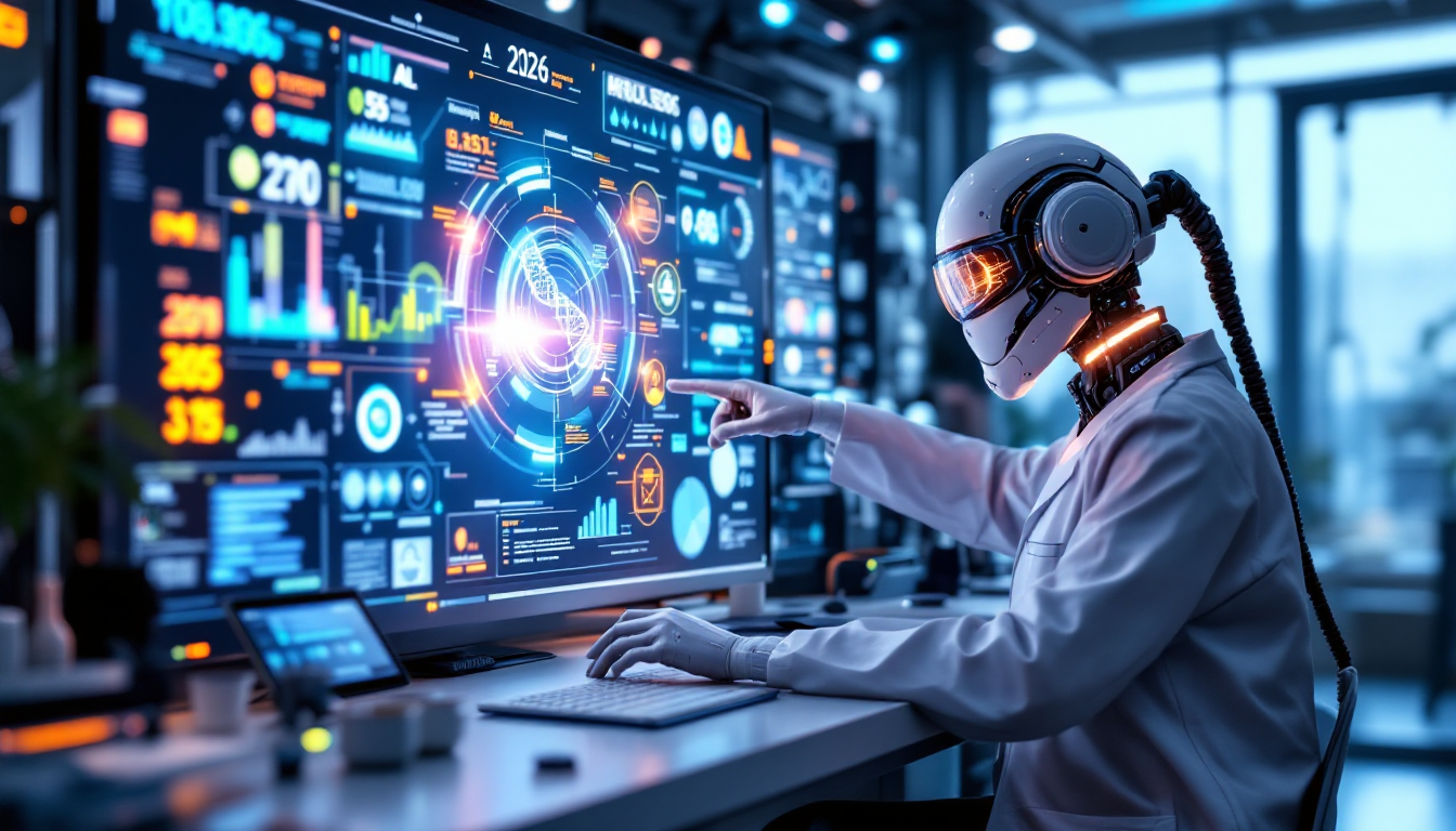 2026년 AI가 개인 맞춤형 헬스케어와 신약 개발에 활용되는 모습.