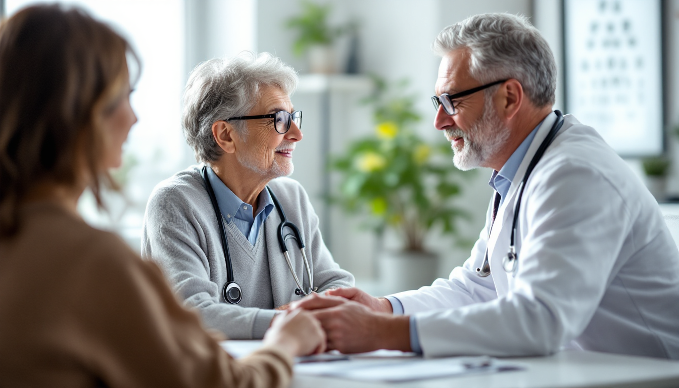 현대적인 안과 클리닉에서 중년 환자에게 시력 검사와 눈 건강 상담을 하는 안과 전문의