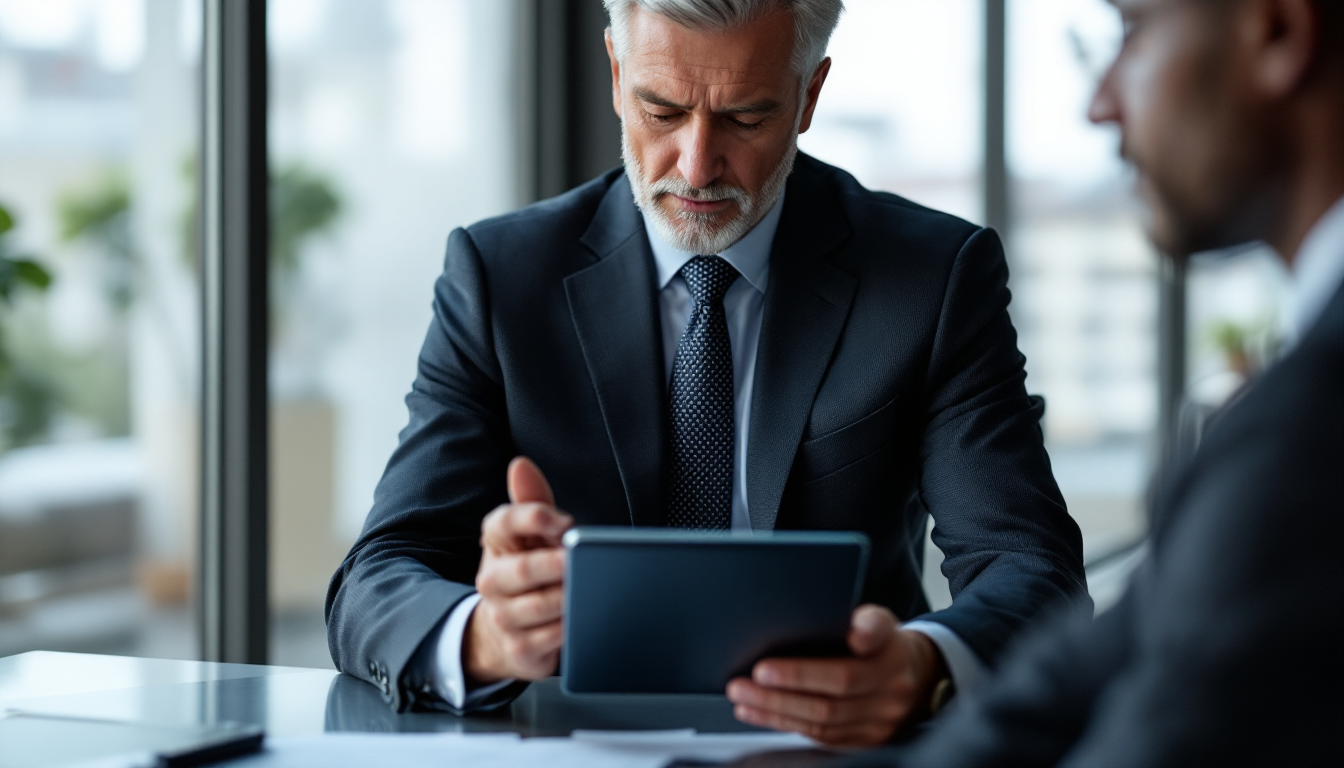 노후 투자 결정을 위해 디지털 태블릿으로 연금 ETF 시장과 자산 그래프를 검토하는 전문가