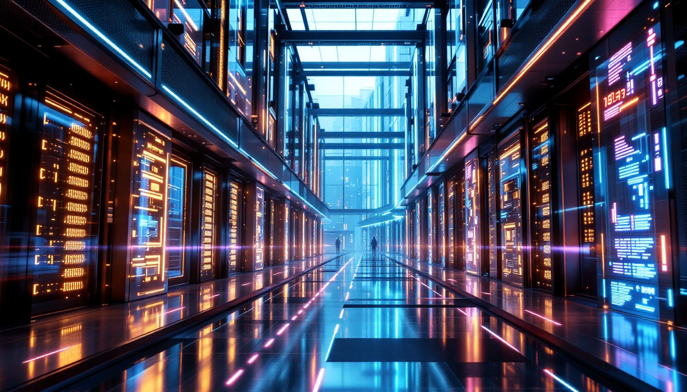 한국의 첨단 GPU 서버와 현대적 건축물이 어우러진 미래 지향적 AI 기술 허브