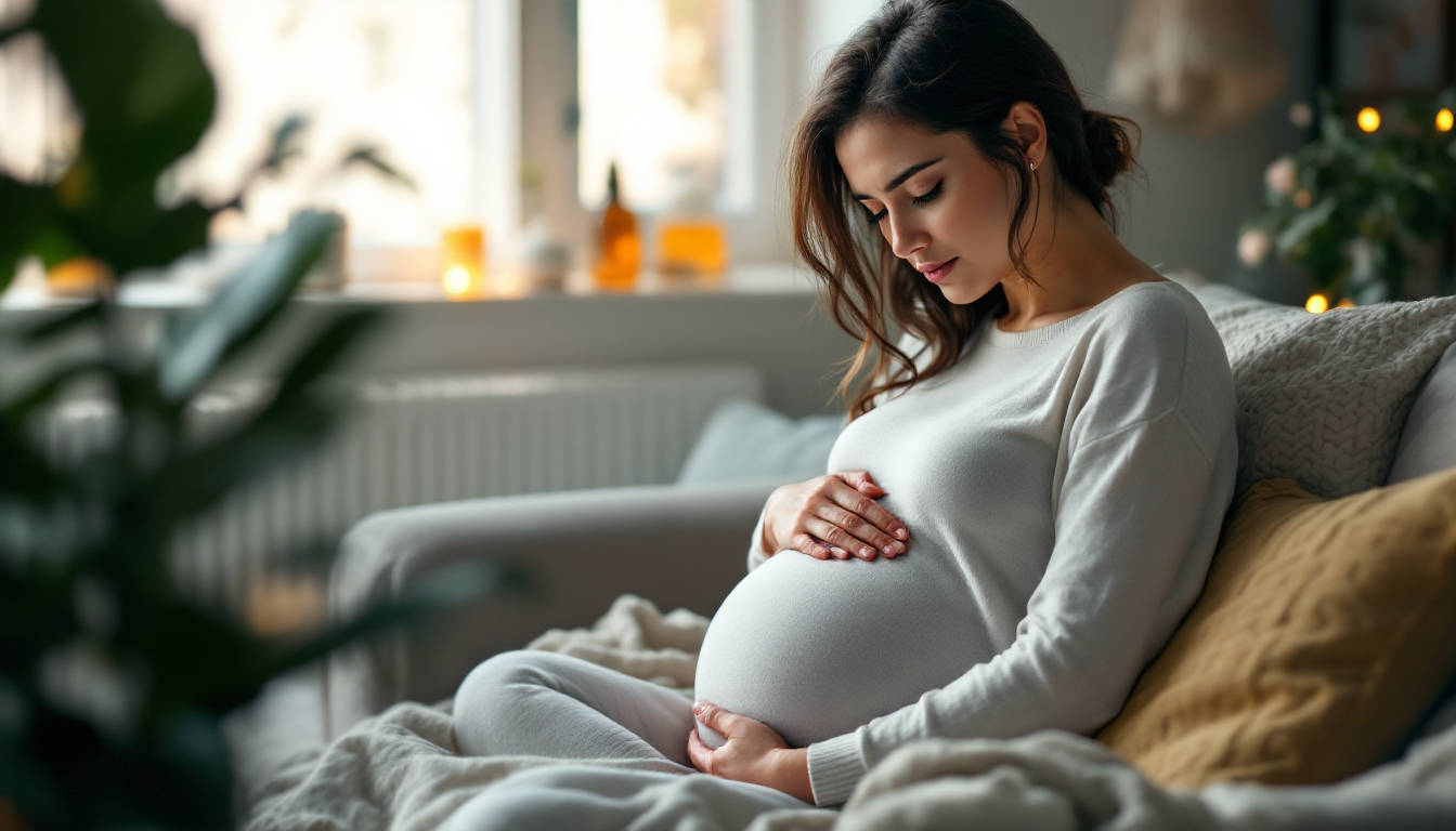임신 초기 울렁거림과 속 불편함을 느끼는 임산부의 모습