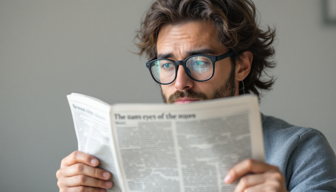 실내에서 평소 읽는 거리에서 신문을 보며 노안 자가 테스트를 하는 사람