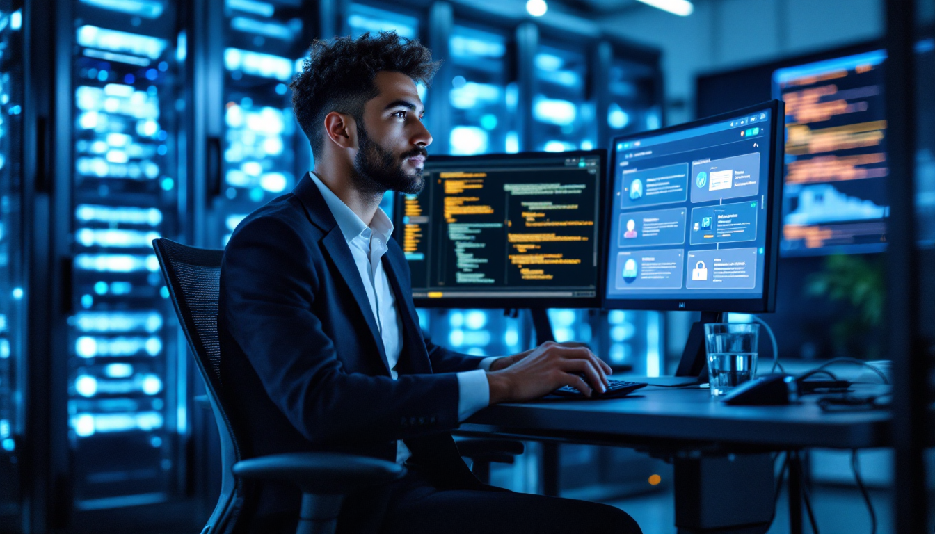 n8n의 자가 호스팅과 데이터 통제 장점을 나타내는 개발자가 서버에서 작업하는 모습