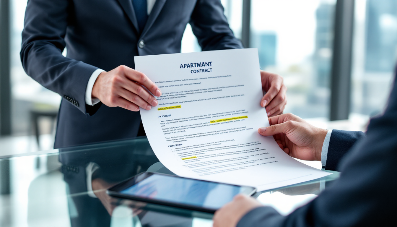 아파트 매매 계약 체결 시 계약서 내용을 설명하는 부동산 전문가