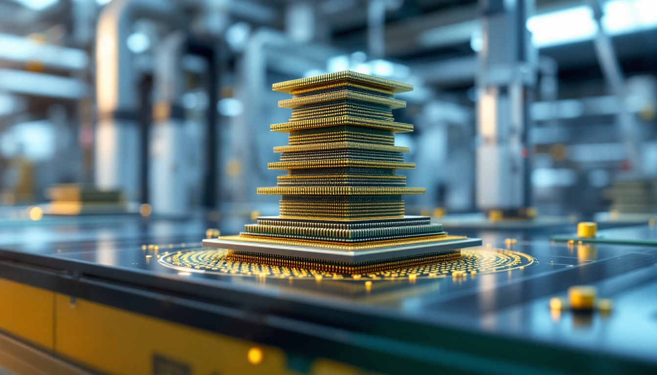 고대역폭 메모리 HBM 기술을 상징하는 적층된 DRAM 칩과 첨단 반도체 생산 라인 이미지