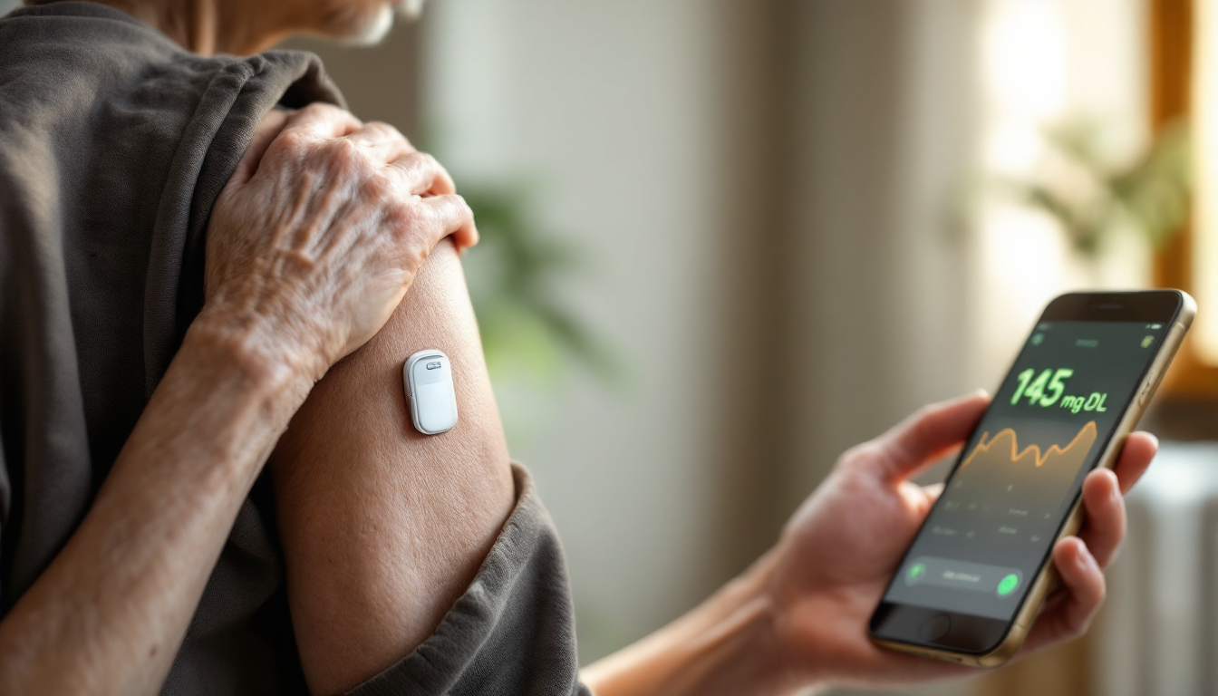 노인의 팔에 부착된 연속혈당측정기와 스마트폰 앱 화면