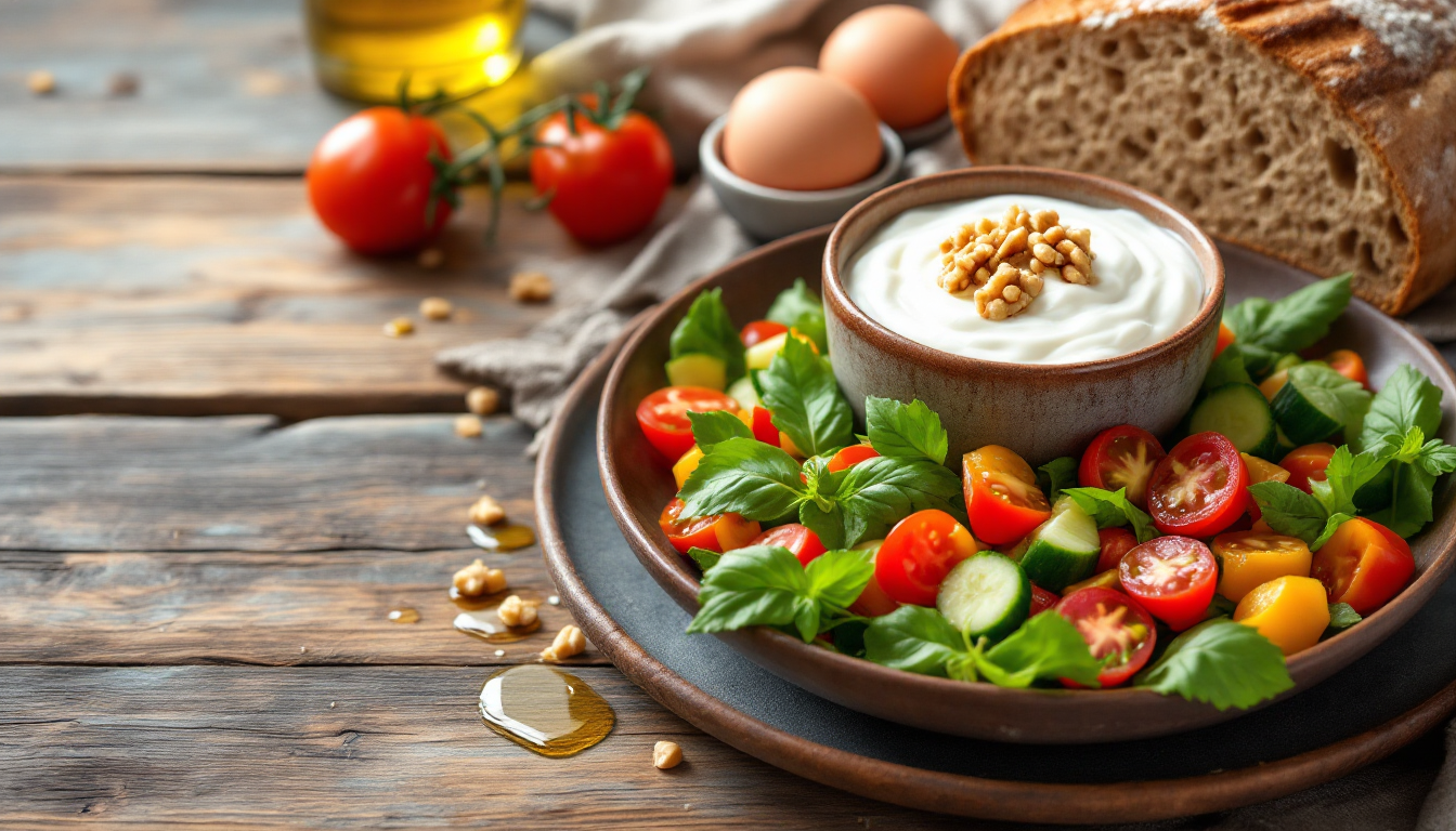 지중해식 식단 예시, 올리브오일을 곁들인 건강한 식사 테이블