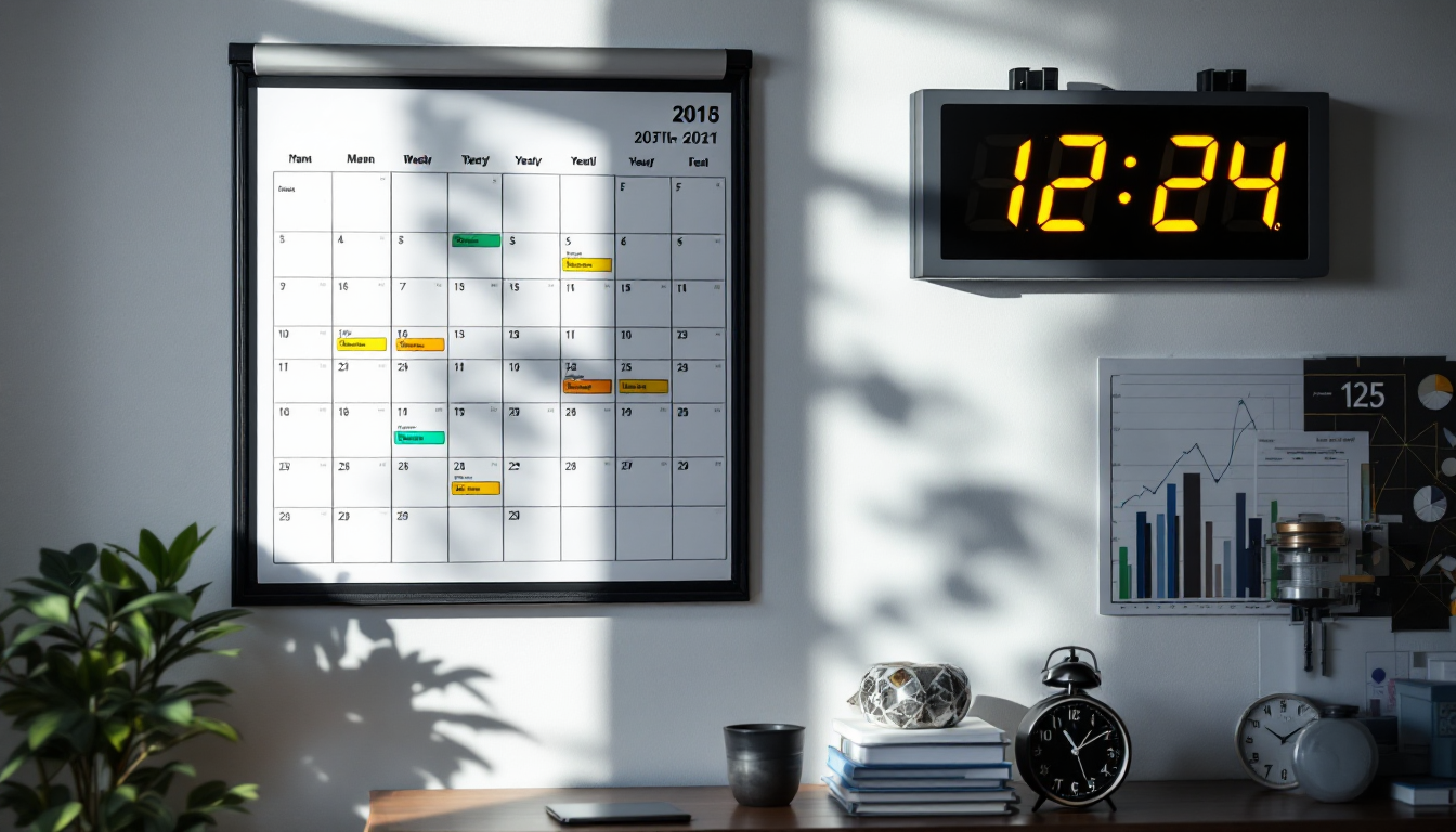 분기별 또는 연간 정기 리밸런싱 계획을 보여주는 달력과 시계, 투자 문서