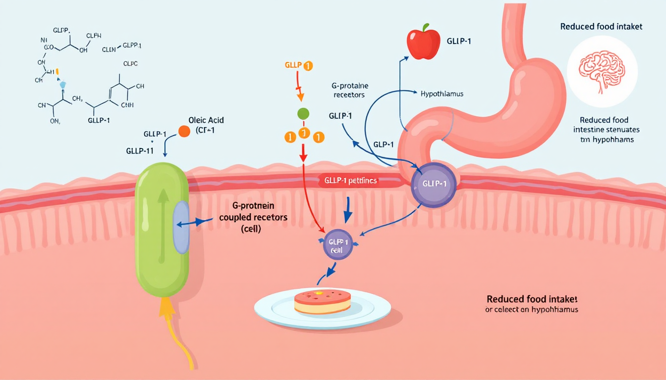 올레산이 소장에서 GLP-1 호르몬 분비를 촉진하여 식욕을 억제하는 과학적 원리 시각화