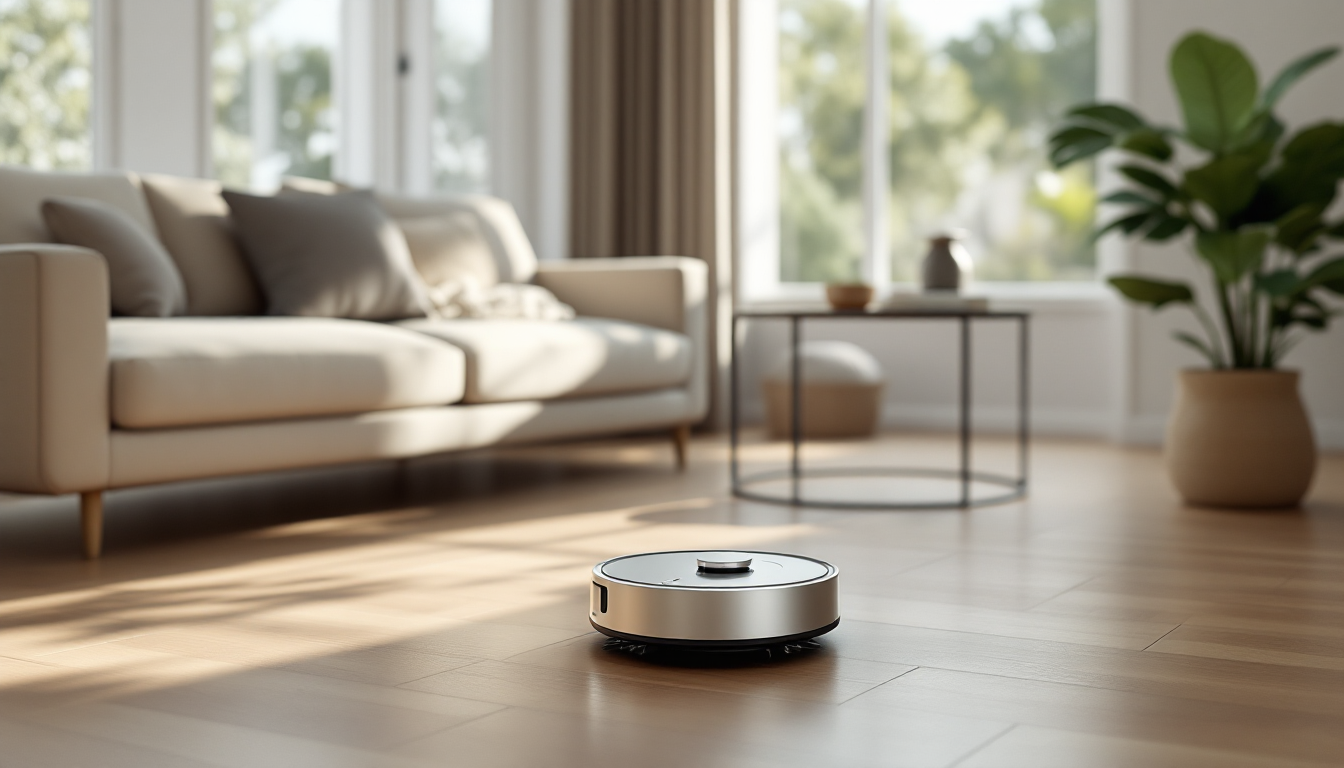 가정에서 바닥을 청소하는 로봇 청소기 모습의 이미지