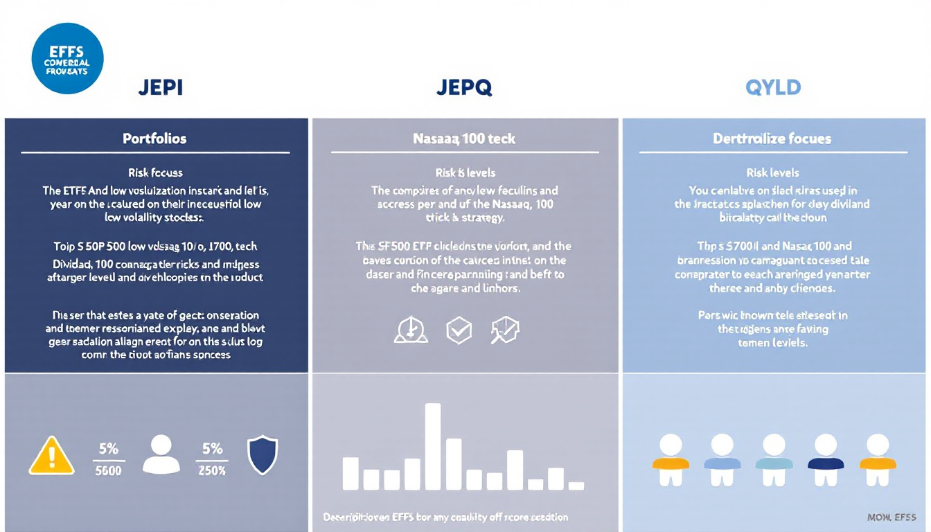 JEPI JEPQ QYLD 3종 해외 커버드콜 ETF의 투자 자산, 배당률, 변동성 등의 특징을 비교하는 인포그래픽 이미지