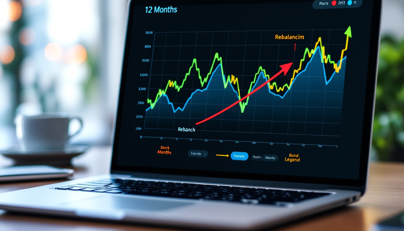 연금 ETF 포트폴리오 리밸런싱 과정을 주식과 채권 차트와 함께 화살표로 설명하는 이미지