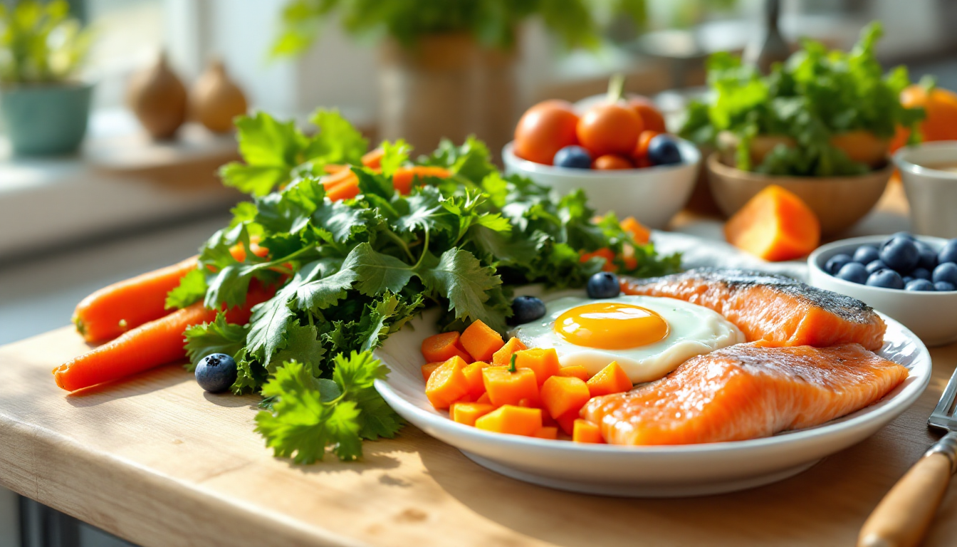 노안 예방에 좋은 시금치, 케일, 당근, 호박, 블루베리, 달걀 노른자, 연어, 고등어 등 다채로운 음식의 조화