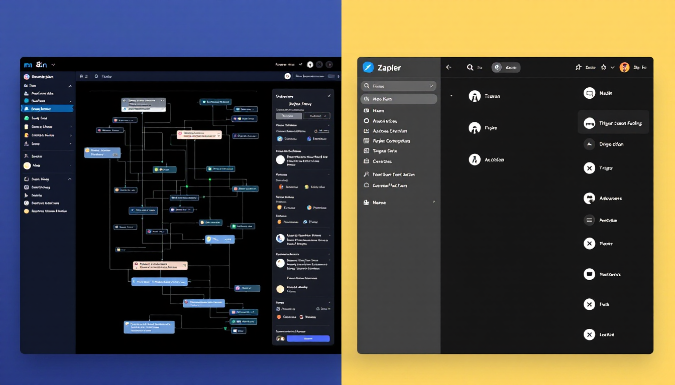 n8n과 Zapier의 서로 다른 사용자 경험을 보여주는 두 대시보드 비교 화면
