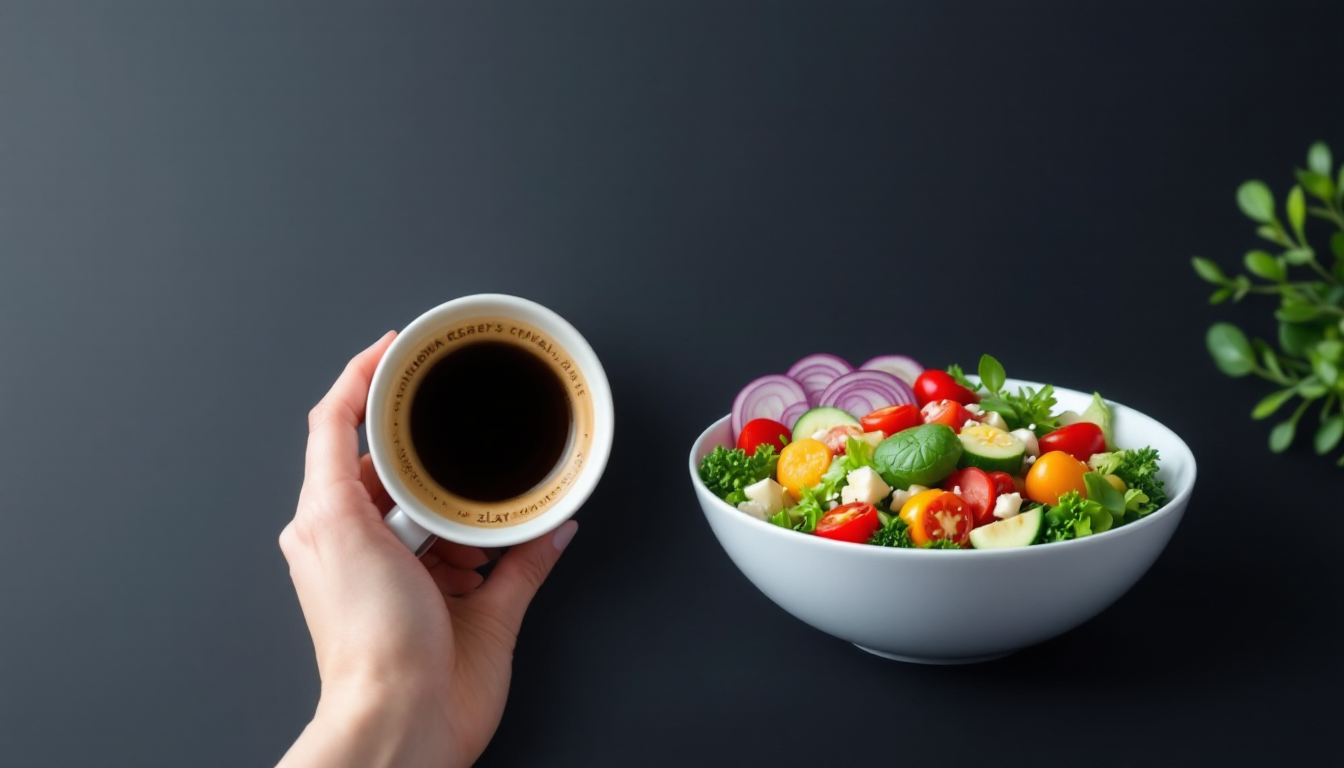 커피와 샐러드에 나만의 토핑을 추가한 모습