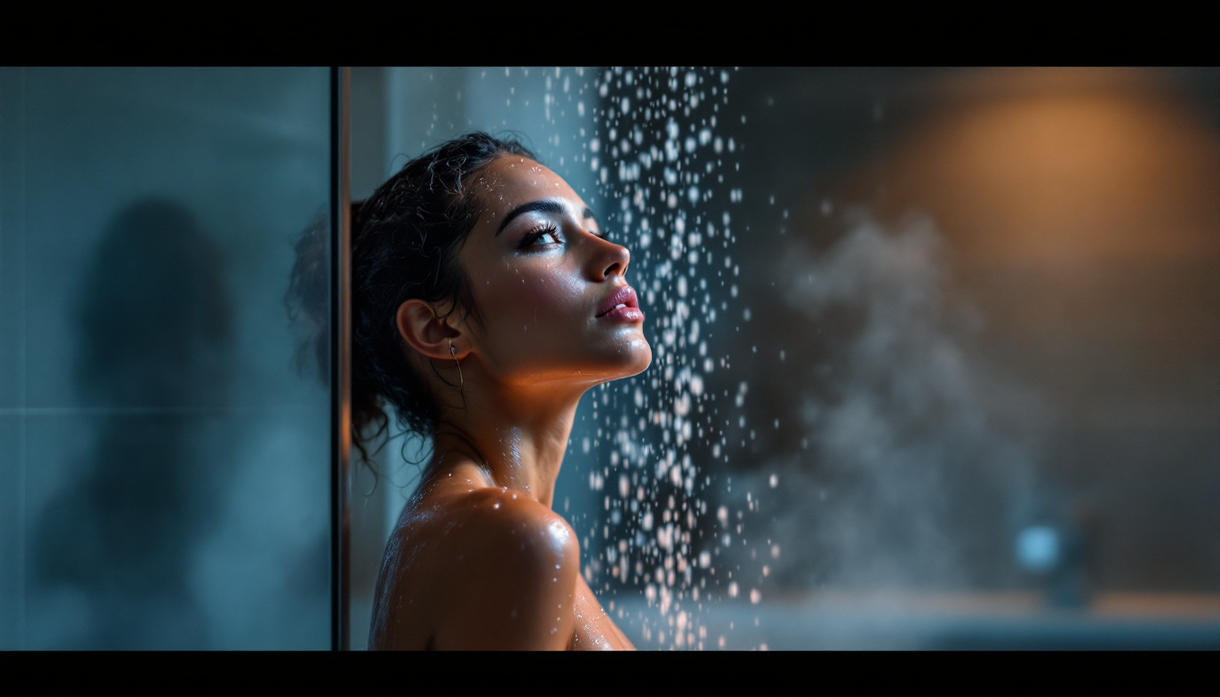 따뜻한 물 샤워로 몸을 편안하게 하는 장면