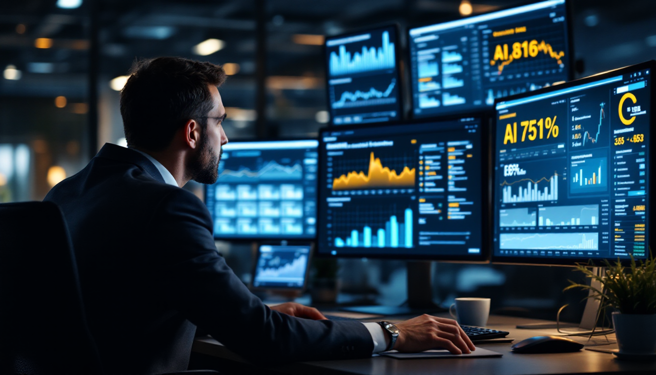 투자자가 성장, 경기침체, AI 가속화 시나리오별 포트폴리오 배분을 디지털 화면에서 검토하는 모습