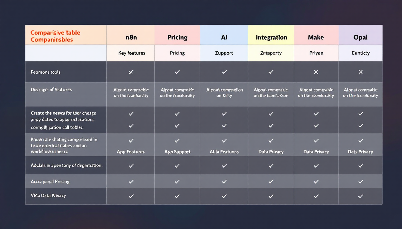 n8n, Zapier, Make, Opal의 주요 기능과 가격 정책 등을 비교한 종합표
