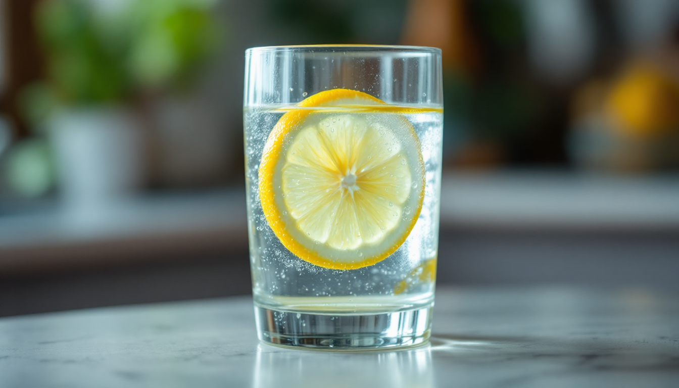 임신 초기 울렁거림 해소를 위해 레몬 조각을 띄운 탄산수 컵