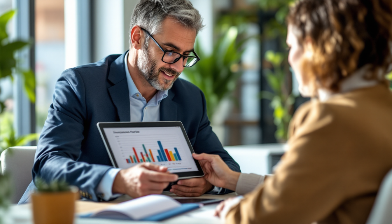 재무 상담사가 50대 고객에게 투자 포트폴리오를 설명하는 장면