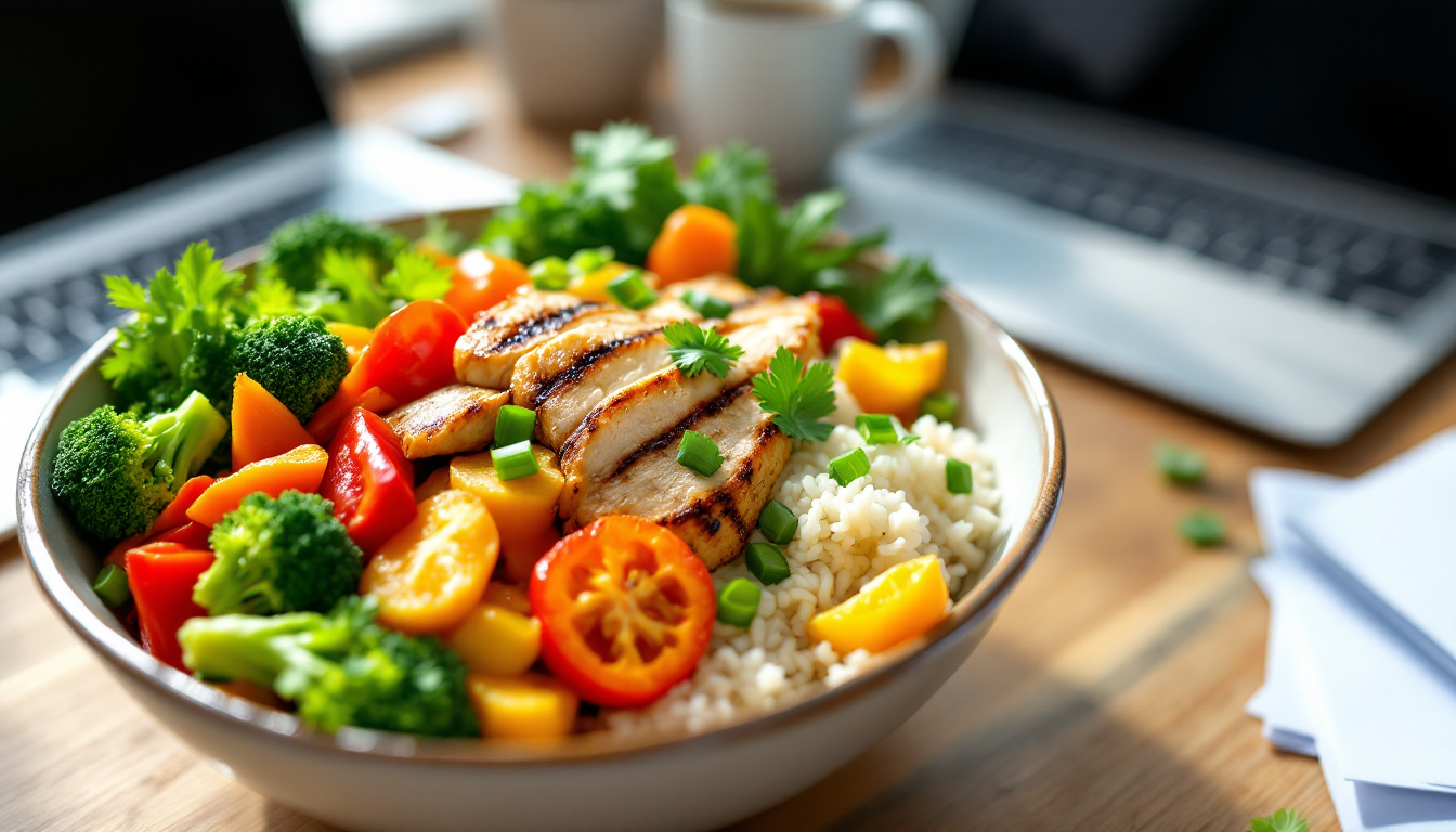 사무실 책상 위에 놓인 신선한 채소와 단백질이 포함된 건강한 점심 식사
