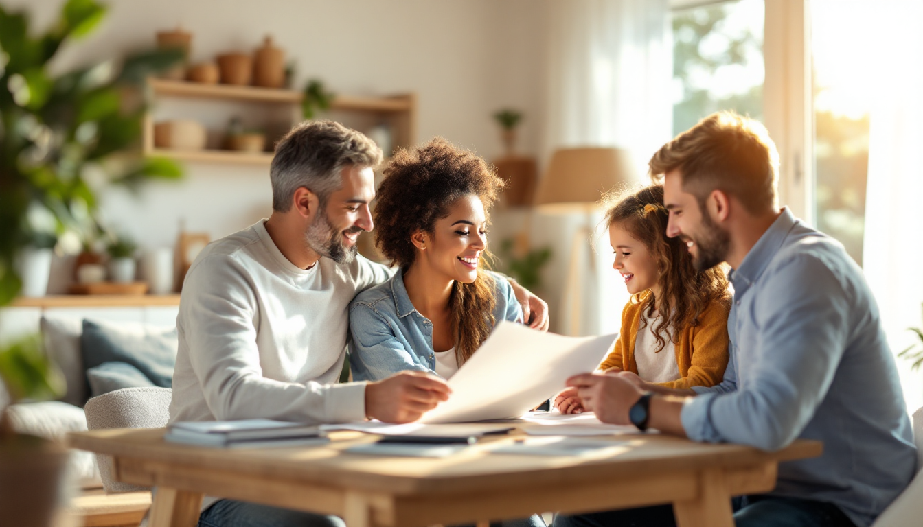 가족이 집에서 연말정산 서류를 확인하며 행복하게 시간을 보내는 모습