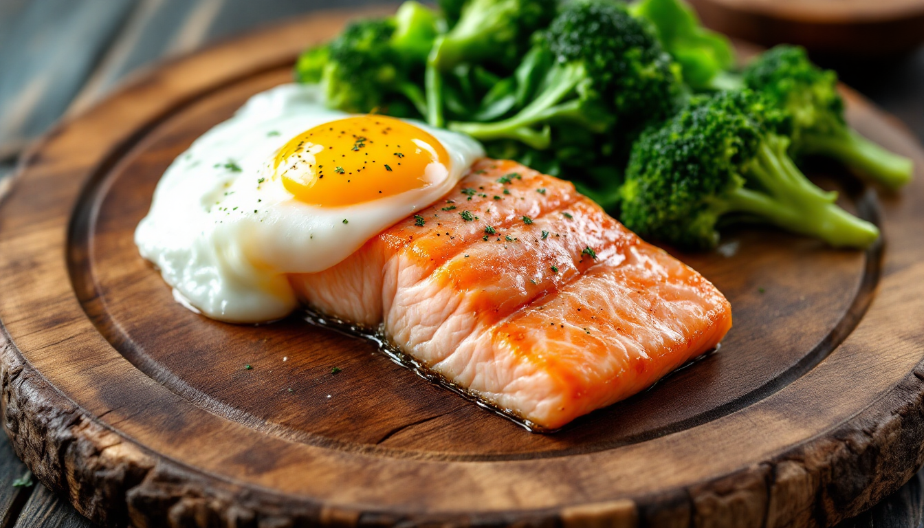 루테인과 오메가-3가 풍부한 계란 노른자, 시금치, 브로콜리, 등푸른 생선으로 구성된 건강식 이미지