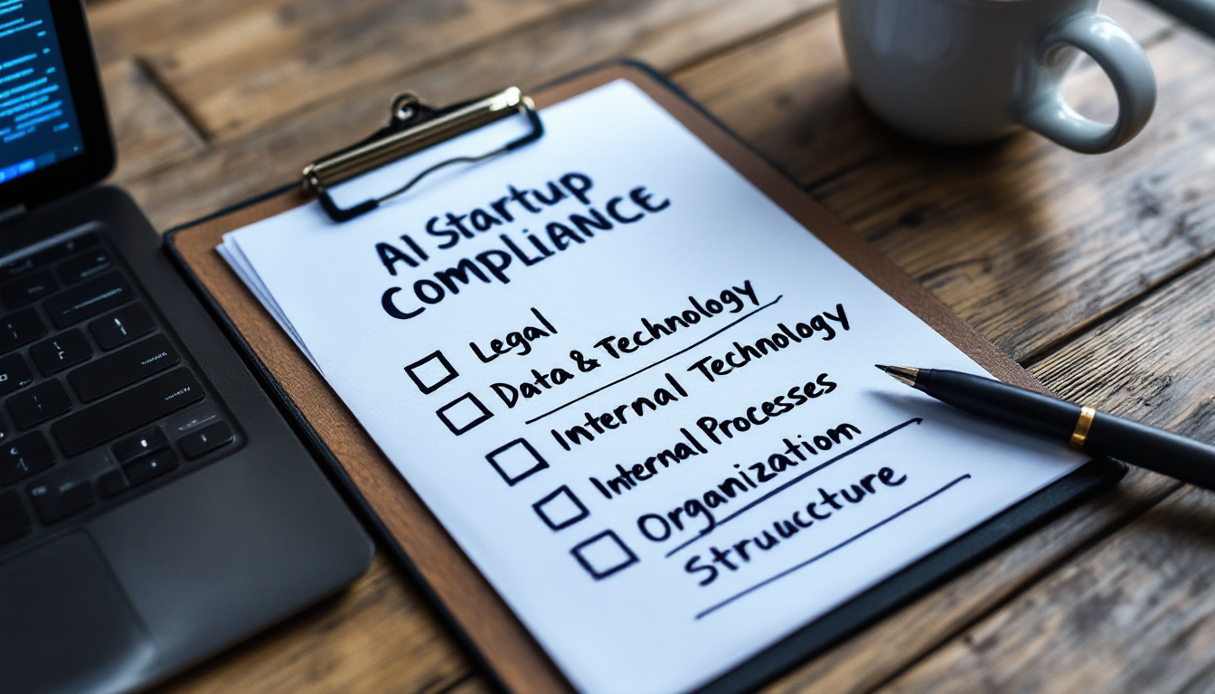 노트북과 커피가 놓인 책상 위에 실용적인 AI 스타트업 규제 준수 체크리스트가 적힌 클립보드 사진