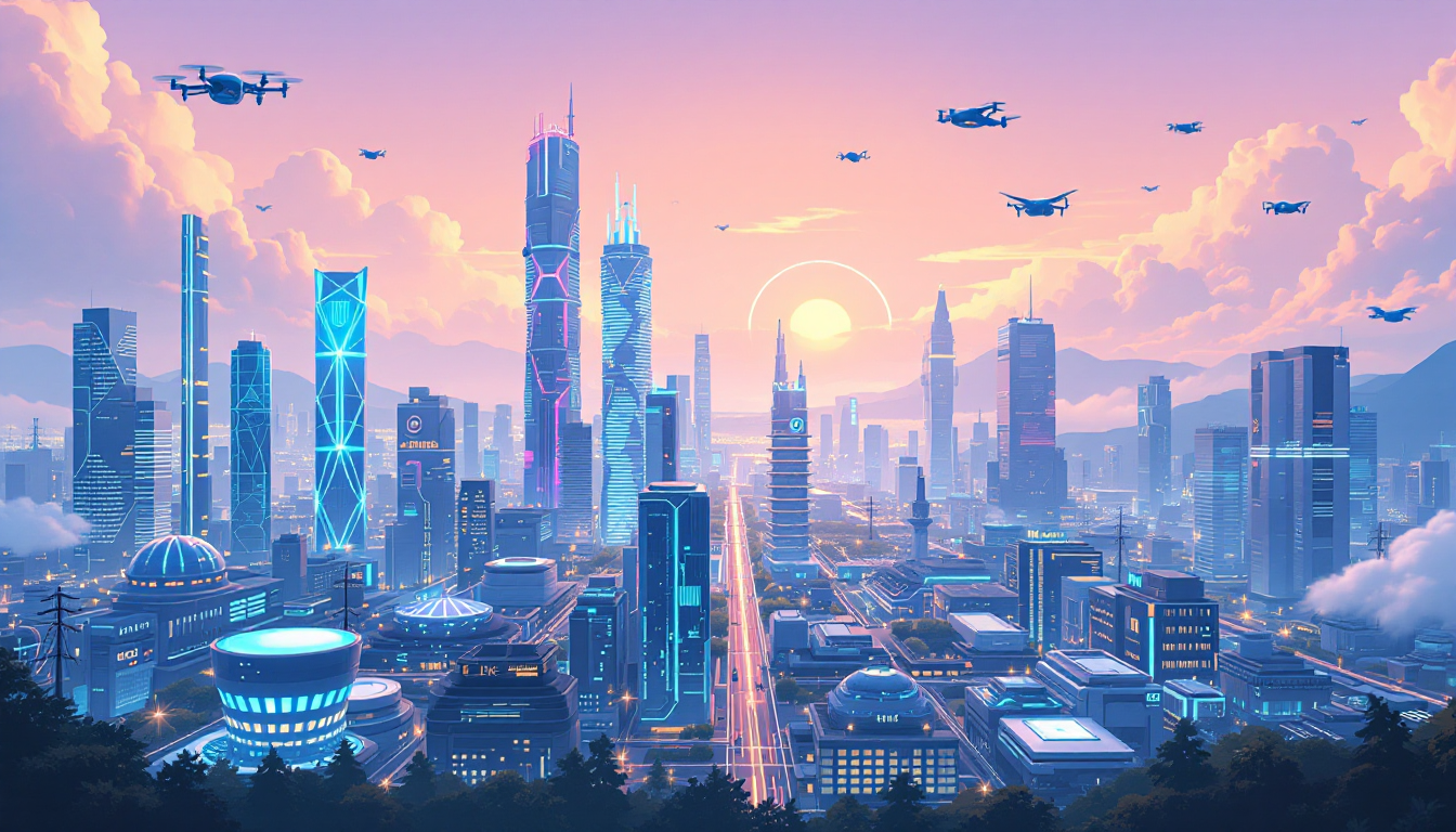 한국의 10대 첨단전략산업을 시각화한 인공지능, 반도체, 바이오 등의 미래 도시 풍경