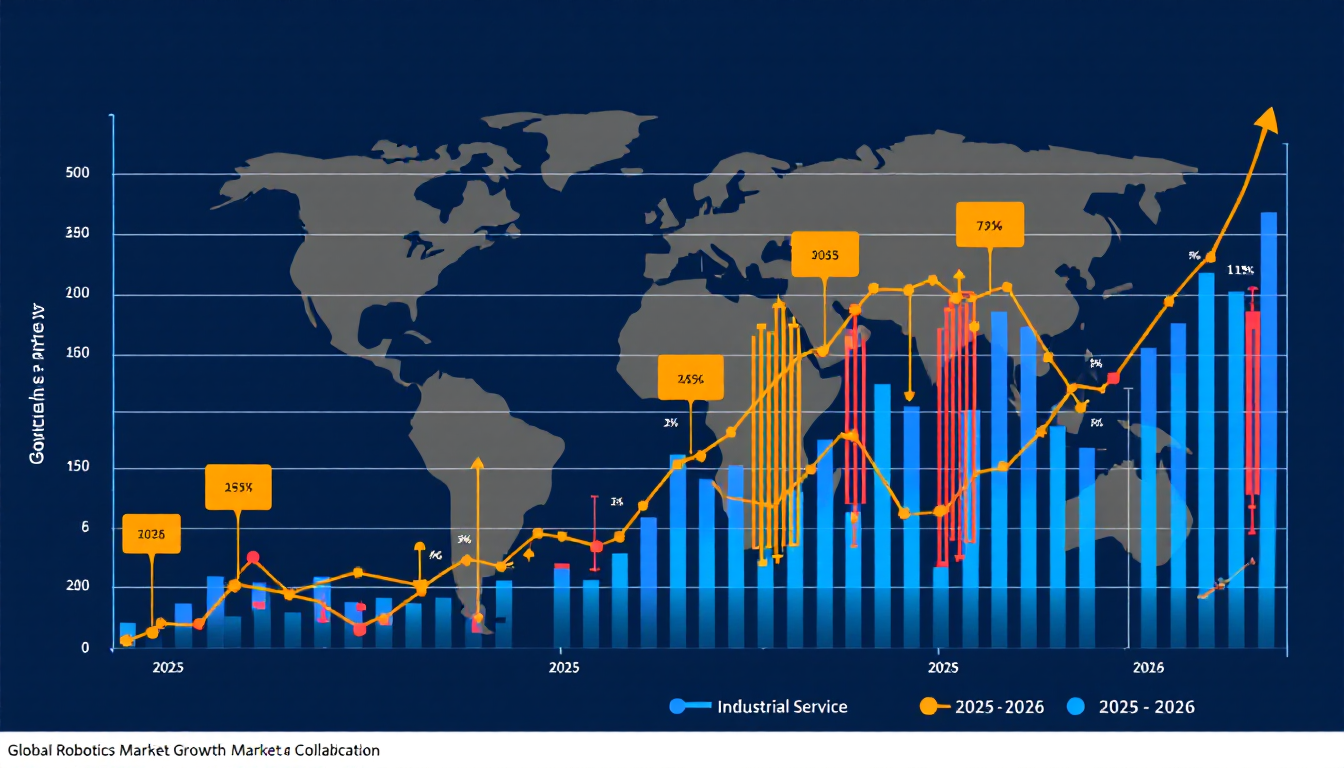 글로벌 로봇 시장의 산업용, 서비스용, 협동 로봇 분야 성장 추세를 보여주는 그래프 이미지