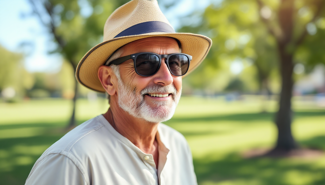 넓은 챙 모자와 자외선 차단 선글라스를 착용한 중장년층의 야외 모습
