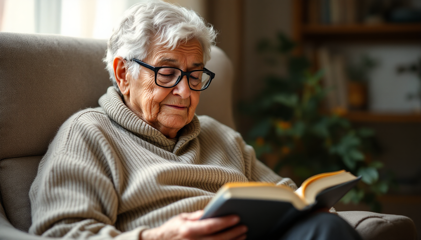 다초점 안경을 착용하고 책을 읽는 중장년층의 편안한 모습