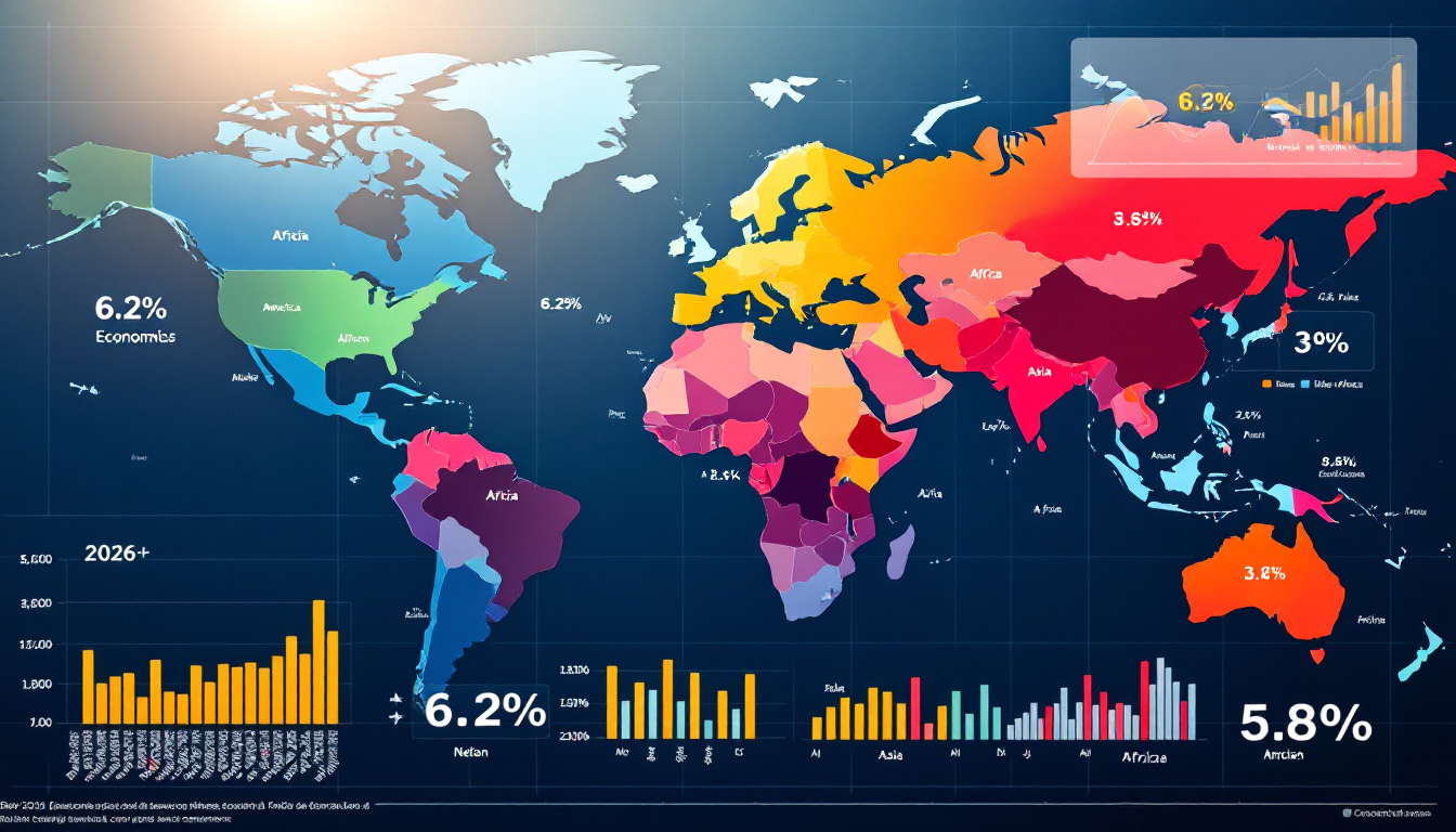2026년 세계 주요 국가 및 지역별 경제 성장률 차이를 나타내는 세계 지도와 차트