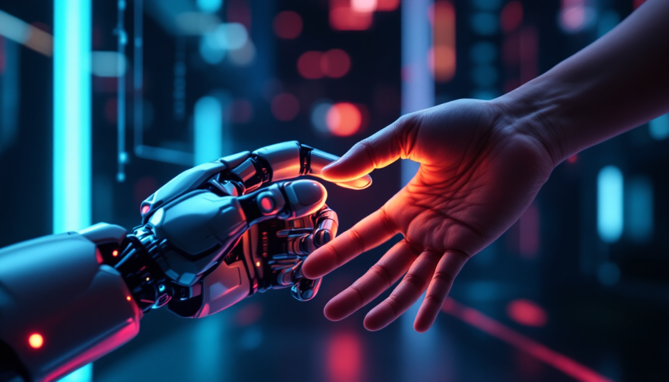 미래를 상징하는 인간과 로봇 손이 거의 맞닿는 모습을 표현한 이미지