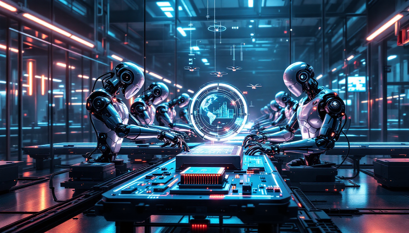 미래 지향적인 스마트 팩토리에서 AI와 자동화가 융합된 로봇 기술을 보여주는 이미지