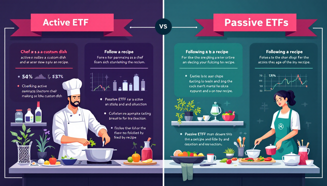 액티브 ETF와 패시브 ETF의 운용 철학 차이를 보여주는 비교 이미지