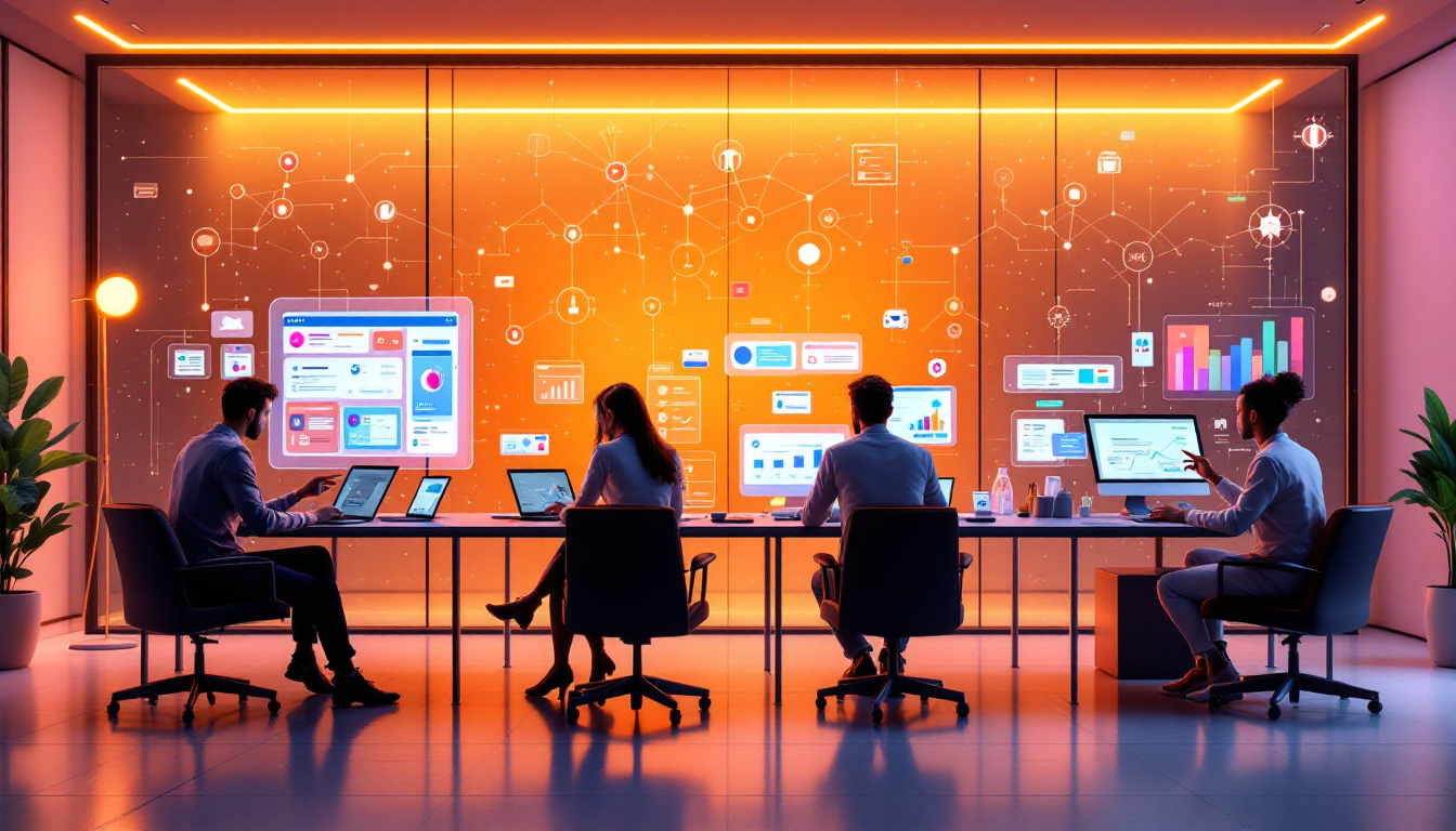 다양한 비즈니스 팀이 각각 추천된 노코드 자동화 도구를 사용하는 상황 이미지